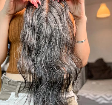 Salt & Pepper Faux Scalp – Lace Base 2×6 inch | Grey Human Hair Topper | Nish Hair